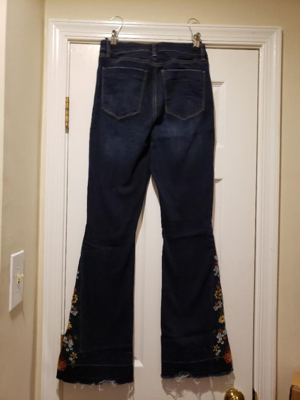 Juniors 7 Dark Blue Flare Jeans with Multicolor Floral Embroidery - Picture 3 of 3
